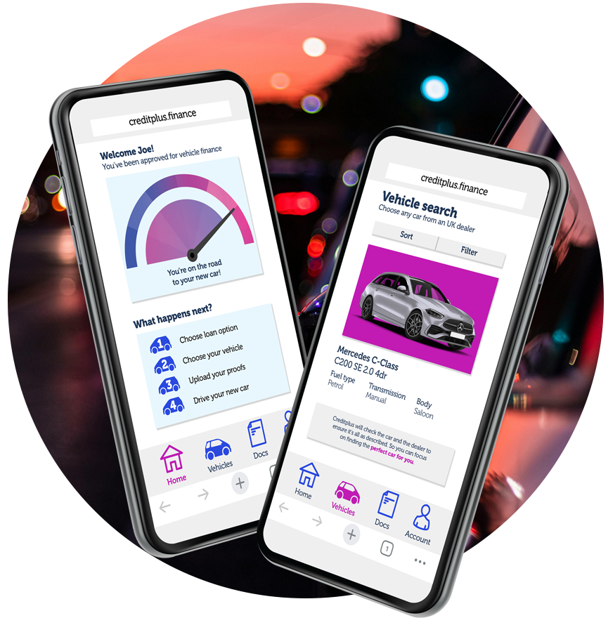 Two smartphones beside each other, one with a screen showing the car finance application process, another showing a vehicle search with a black Mercedes featured
